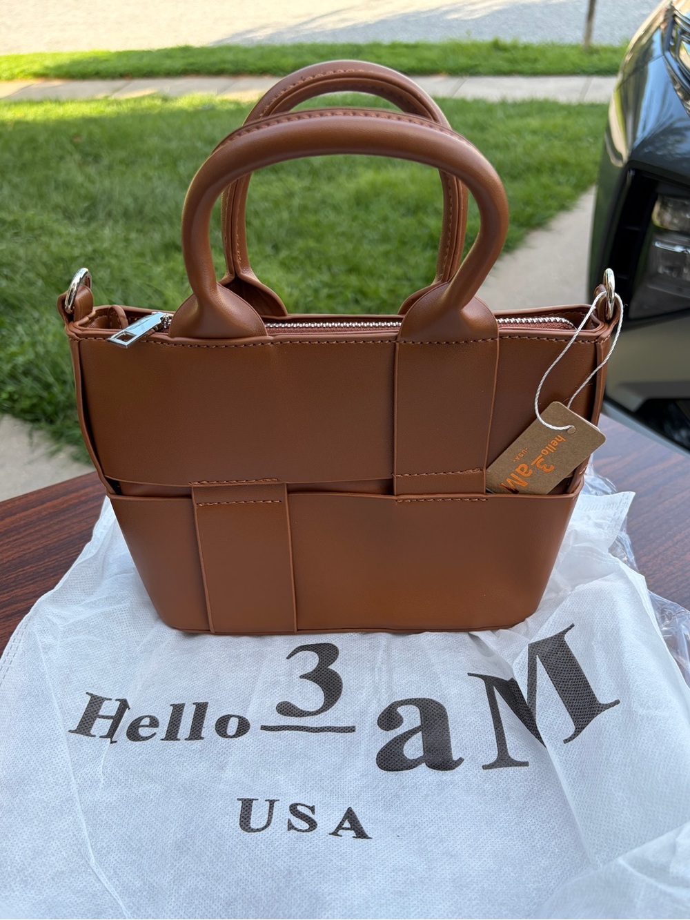Hello 3AM Cognac Brown Woven Satchel Handbag Top Handle Crossbody NWT